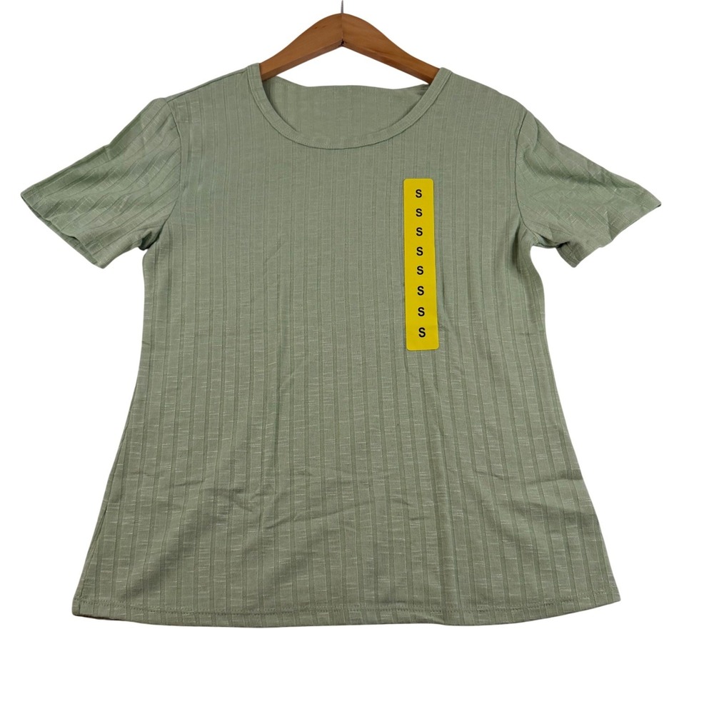 Vintage America Women Green Ribbed Knit Short Sleeve Crew Neck T-Shirt Size S